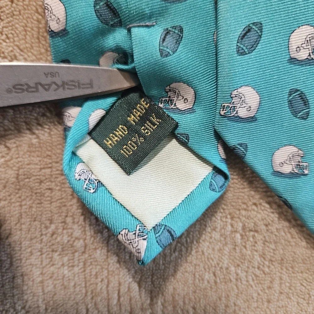 Bird Dog Bay Mens Silk Necktie Teal Blue Football Helmets Handmade Novelty Tie